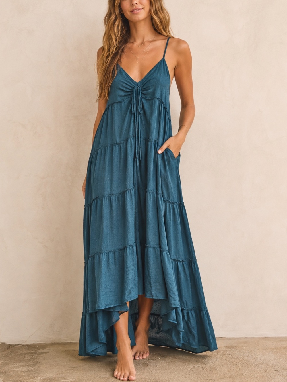 Lovestitch Wavelength Tiered High Low Maxi Dress Blue Teal Size L
